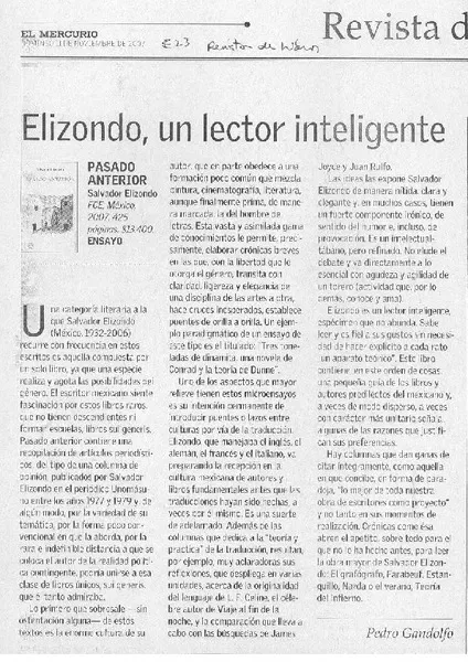 Elizondo, un lector inteligente  [artículo] Pedro Gandolfo.