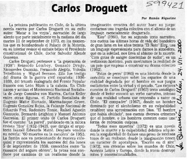 Carlos Droguett  [artículo] Ramón Riquelme