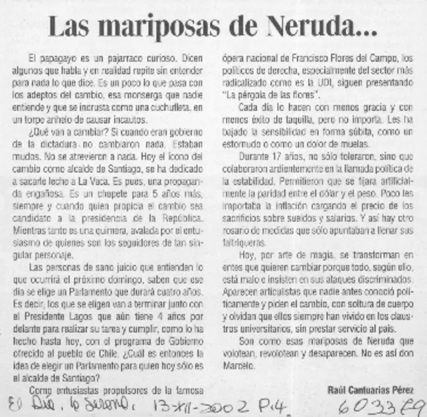 Las mariposas de Neruda  [artículo] Raúl Cantuarias Pérez