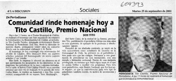 Comunidad rinde homenaje hoy a Tito Castillo, Premio Nacional  [artículo]