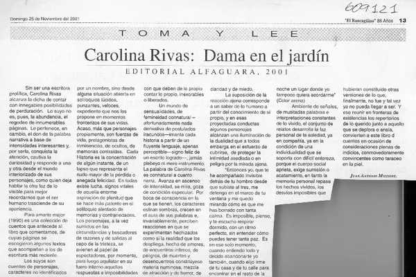 Carolina Rivas, Dama en el jardín  [artículo] Juan Antonio Massone