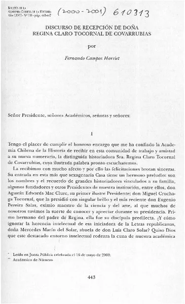 Discurso de recepción de doña Regina Claro Tocornal de Covarrubias  [artículo] Fernando Campos Harriet