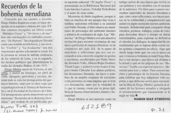 Recuerdos de la bohemia nerudiana  [artículo] Ramón Díaz Eterovic