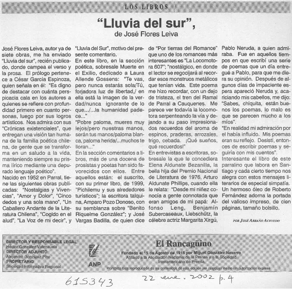 "Lluvia del sur", de José Flores Leiva  [artículo] Alberto Arraño Acevedo