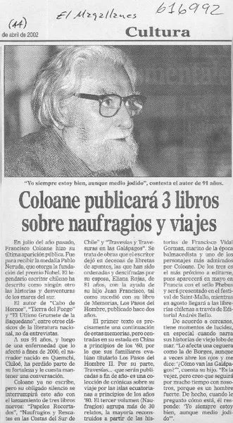 Coloane publicará 3 libros sobre naufragios y viajes  [artículo]