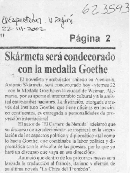 Skármeta será condecorado con la medalla Goethe  [artículo]