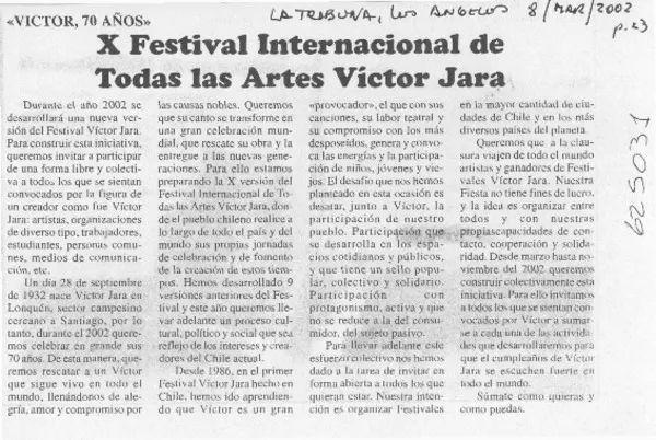 X Festival Internacional de Todas las Artes Víctor Jara  [artículo]