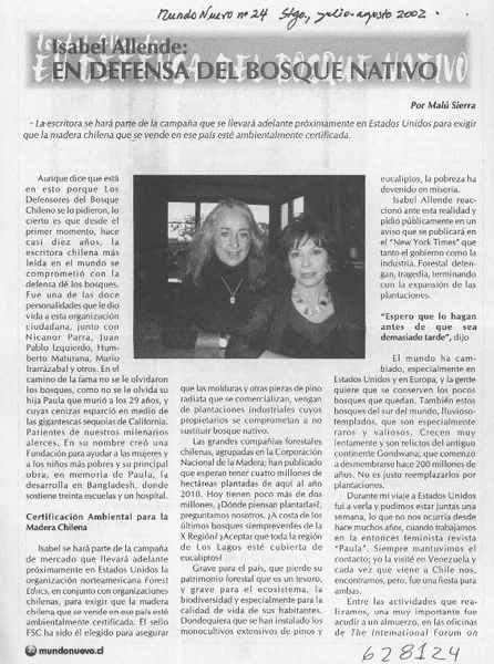 Isabel Allende: en defensa del bosque nativo  [artículo] Malú Sierra.