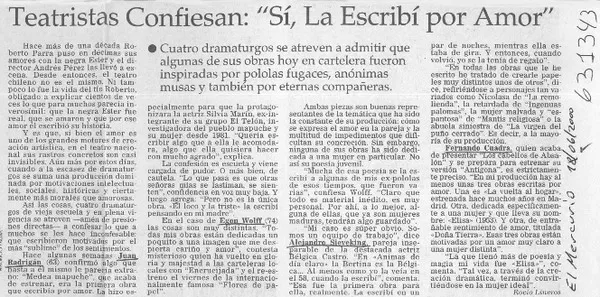 Teatristas confiesan, "sí, la escribí por amor"  [artículo] Rocío Lineros