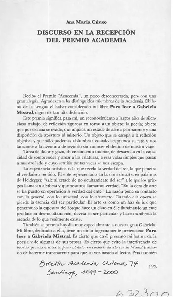 Discurso en la recepción del Premio Academia  [artículo]