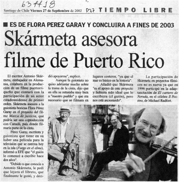Skármeta asesora filme de Puerto Rico  [artículo]
