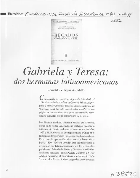 Gabriela y Teresa, dos hermanas latinoamericanas  [artículo] Reinaldo Villegas Astudillo