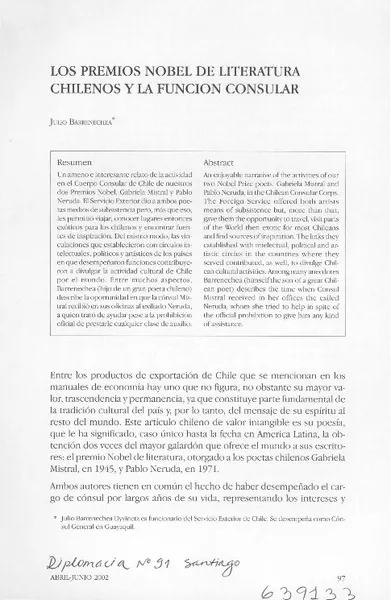 Los premios nobel de literatura chilenos y la función consular  [artículo] Julio Barrenechea Dyvinetz