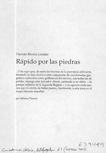 Rápido por las piedras  [artículo] Mónica Pizarro S.