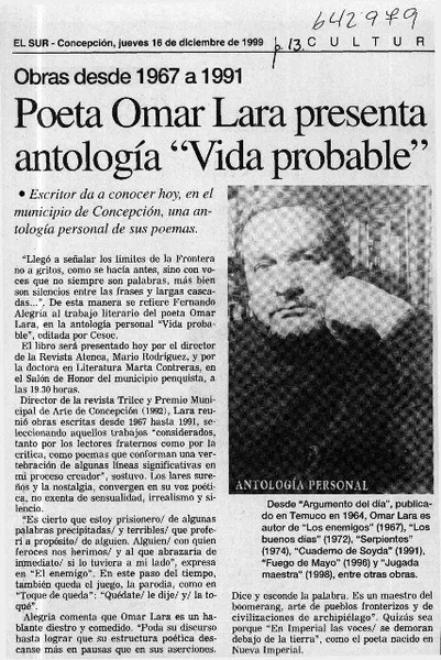 Poeta Omar Lara presenta antología "Vida probable"  [artículo]