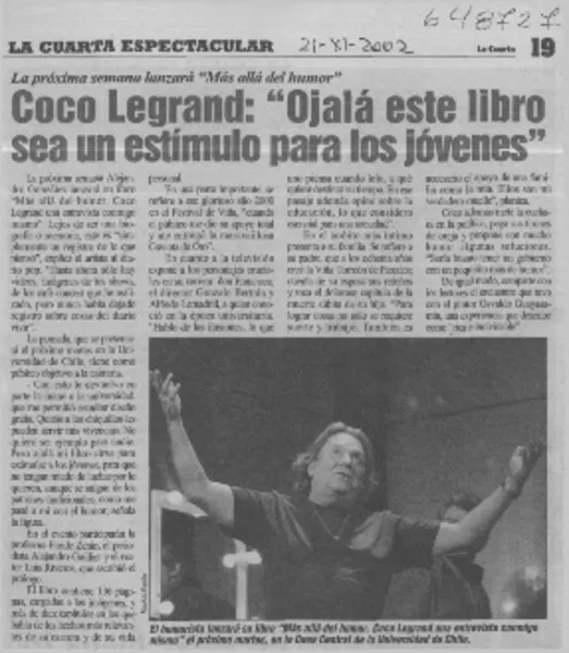 Coco Legrand, "Ojalá este libro sea un estímulo para los jóvenes"  [artículo].