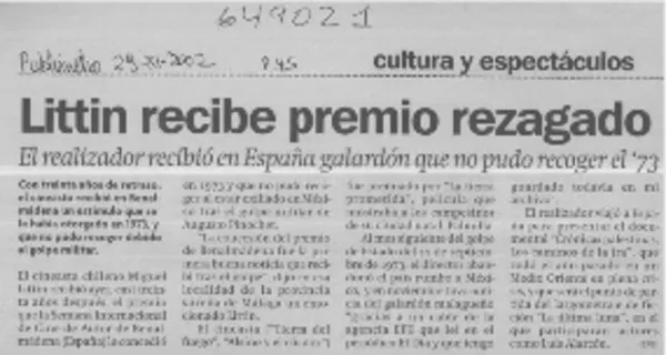 Littin recibe premio rezagado  [artículo]