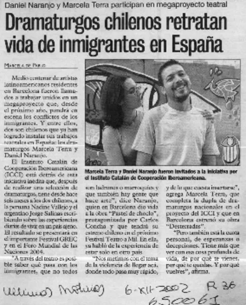 Dramaturgos chilenos retratan vida de inmigrantes en España  [artículo]