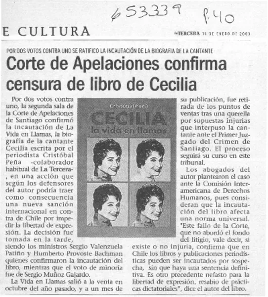 Corte de Apelaciones confirma censura de libro de Cecilia  [artículo]