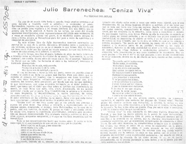 Julio Barrenechea: "Ceniza viva".  [artículo] Hernán del Solar.
