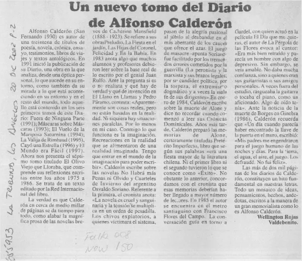 Un nuevo tomo del diario de Alfonso Calderón.  [artículo] Wellington Rojas Valdebenito.