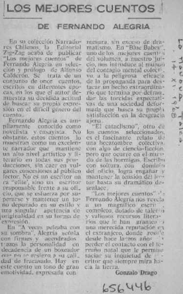 Los mejores cuentos de Fernando Alegría  [artículo] Gonzalo Drago.