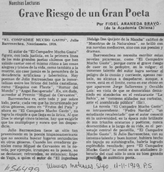 Grave riesgo de un gran poeta  [artículo] Fidel Araneda Bravo.