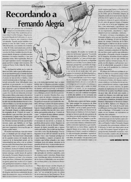Recordando a Fernando Alegría  [artículo] Luis Merino Reyes.