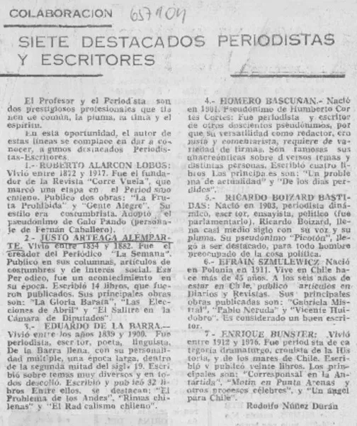 Siete destacados periodistas y escritores  [artículo] Rdolfo Núñez Durán.