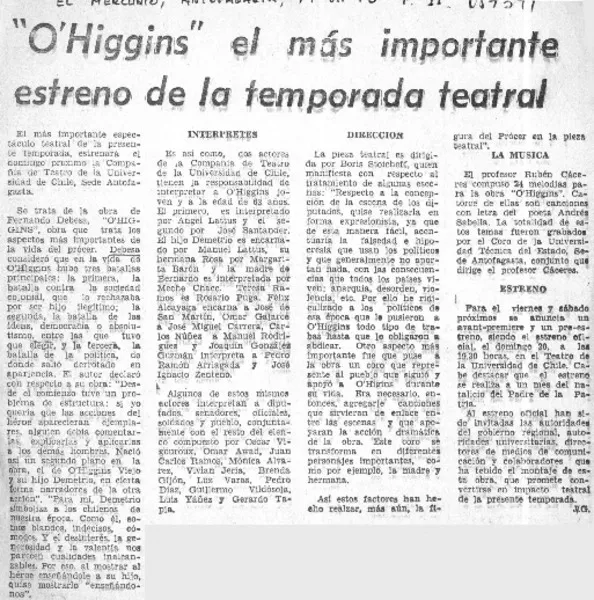 "O'Higgins" el más importante estreno de la temporada teatral  [artículo] J. G.