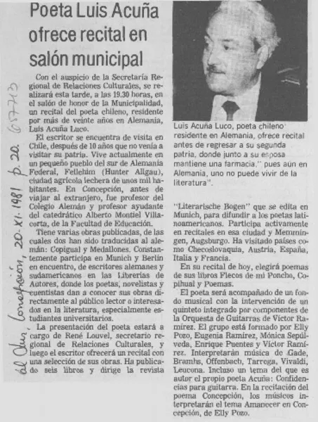 Poeta Luis Acuña ofrece recital en salón municipal.  [artículo]