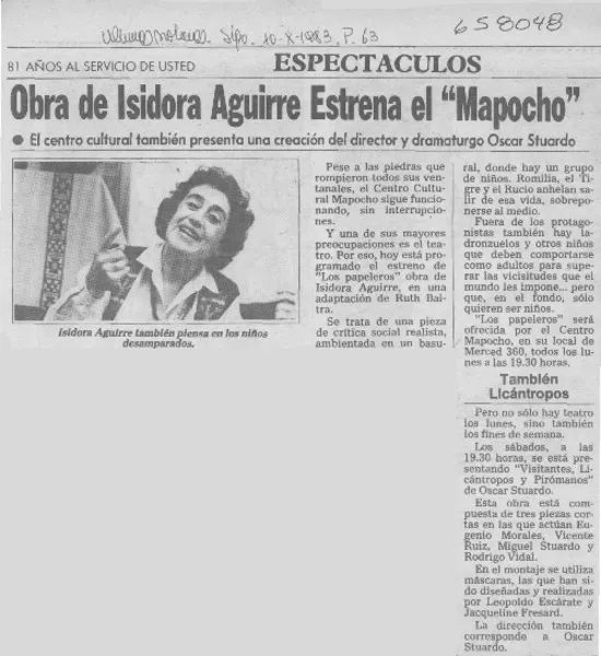 Obra de Isidora Aguirre estrena el "Mapocho".  [artículo]