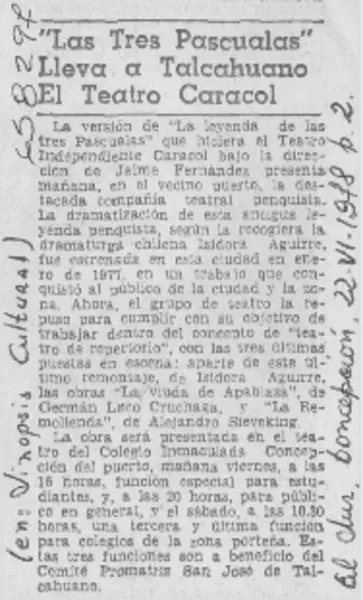 "Las tres pascualas" lleva a Talcahuano el Teatro Caracol.  [artículo]