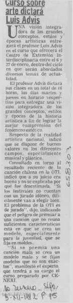 Curso sobre arte dictará Luis Advis.  [artículo]