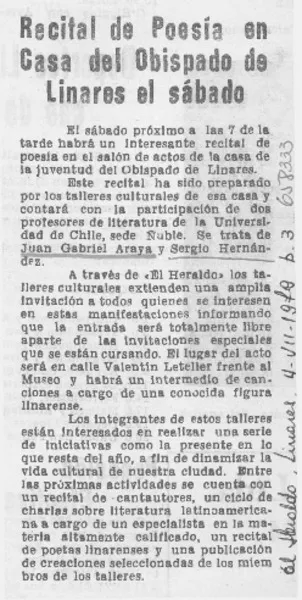 Recital de poesía en Casa del Obispado de Linares el sábado.  [artículo]