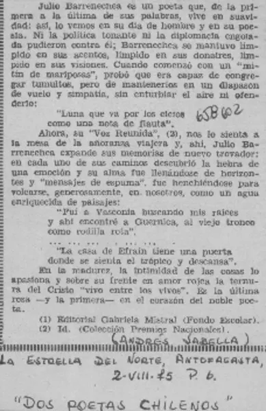 "Dos poetas chilenos"  [artículo] Andrés Sabella.