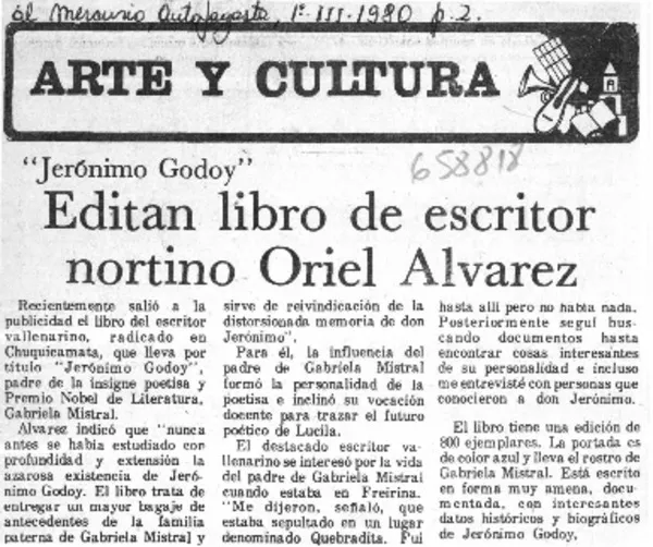 Editan libro de escritor nortino Oriel Alvarez  [artículo].