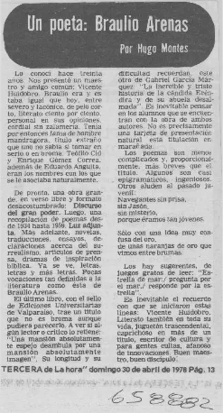 Un poeta, Braulio Arenas  [artículo] Hugo Montes.
