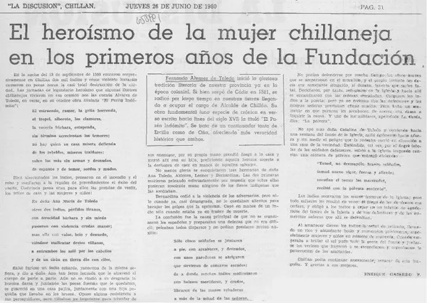 El heroísmo de la mujer chillaneja en los primeros años de la fundación  [artículo] Enrique Gajardo Villarroel.