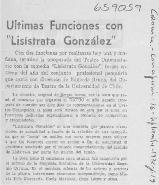 Últimas funciones con "Lisístrata González".  [artículo]