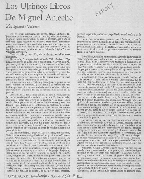 Los últimos libros de Miguel Arteche  [artículo] Ignacio Valente.