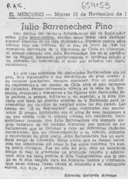 Julio Barrenechea Pino  [artículo] Eduardo Gallardo Arteaga.