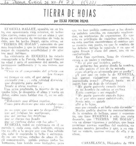 Tierra de hojas  [artículo] Oscar Pontoni Palma.