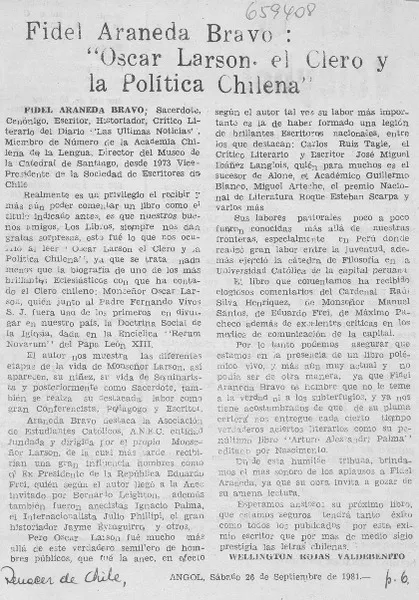 Fidel Araneda Bravo: "Óscar Larson, el clero y la política chilena"  [artículo] Wellington Rojas Valdebenito.