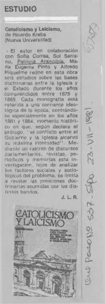 Catolicismo y laicismo.  [artículo]