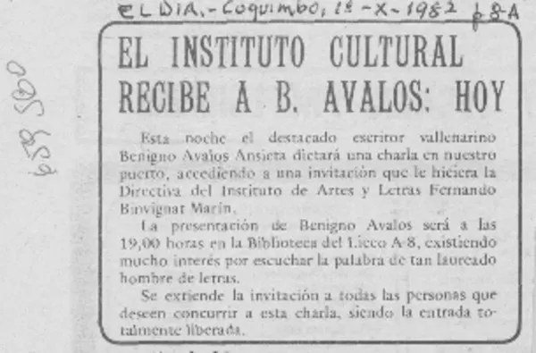 El Instituto Cultural recibe a B. Avalos: hoy.  [artículo]