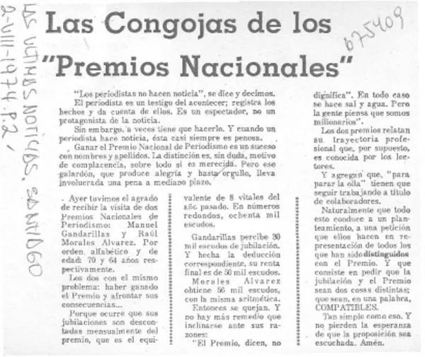 Las congojas de los "Premios Nacionales".  [artículo]