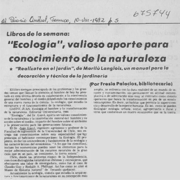 Ecología", valioso aporte para conocimiento de la naturaleza  [artículo] Fresia Palacios.