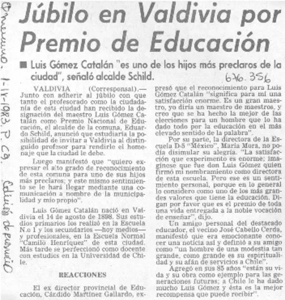 Júbilo en Valdivia por premio de educación.  [artículo]