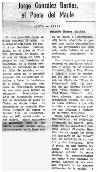 Jorge González Bastías, el poeta del Maule  [artículo] Orlando Ramos Gacitúa.
